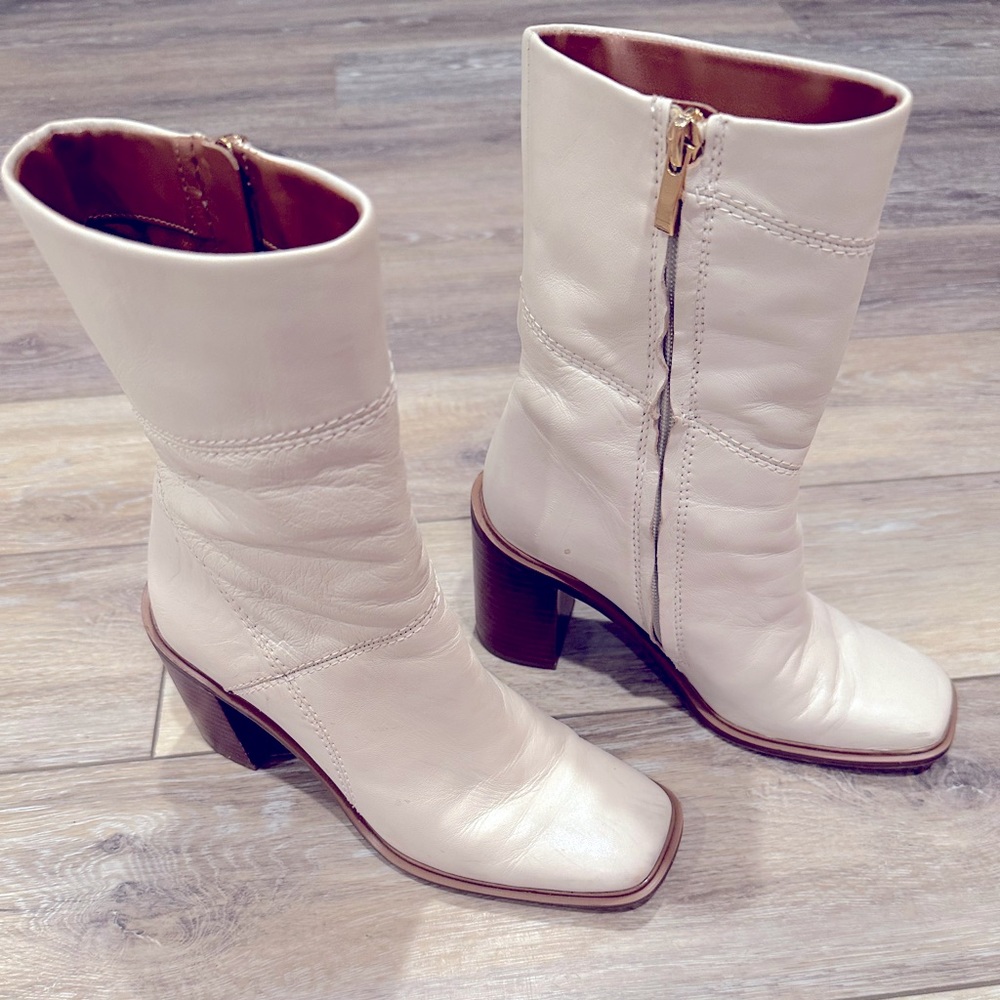 Frank Sarto bone colored bootie with side zipper. 3 inch heel.